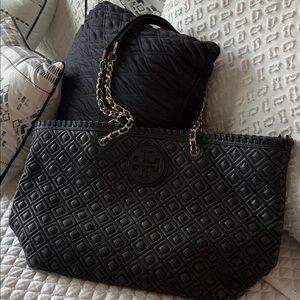 Tory Burch Black Quilted Tote with Chain Handles